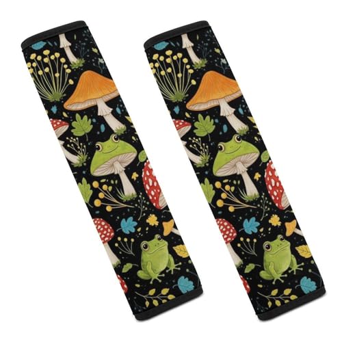 Universal Soft and Comfortable Car Seat Belt Pad for Adult Use, Most Cars, 1 Pair Whimsical Woodland Mushroom Animal Frog Black Automotive Seat Belt Protector Shock Absorption - color: Pattern 857