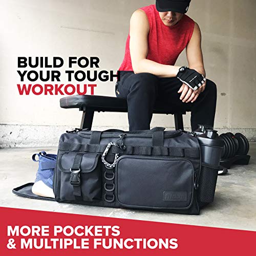 Fitdom 20" 32L Tactical Black Gym Duffle Bag with Shoe Compartment. Best Workout Bag For Men & Women. Black Gym Bag is Great For Basketball, Soccer & Other Sports As Well As Weekender & Overnight Bag