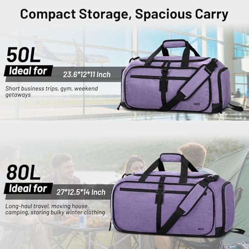 MIER Packable Travel Duffle Bag with Shoe Compartment, 80L, Purple | Foldable Weekender Duffel; Multi-Pockets; Adjustable Shoulder Strap; Luggage Sleeve; Travel, Sports, Camping, Gym - color: Purple, size: 80L
