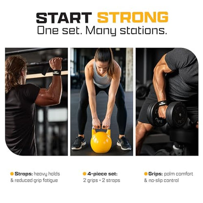 Workout Grips & Wrist Straps Set - Anti-Slip Silicone Hand Grips + Lifting Straps for Gym, Weightlifting, Pull-Ups, Deadlifts - Gloves Alternative (2 Grips + 2 Straps + Carry Case)