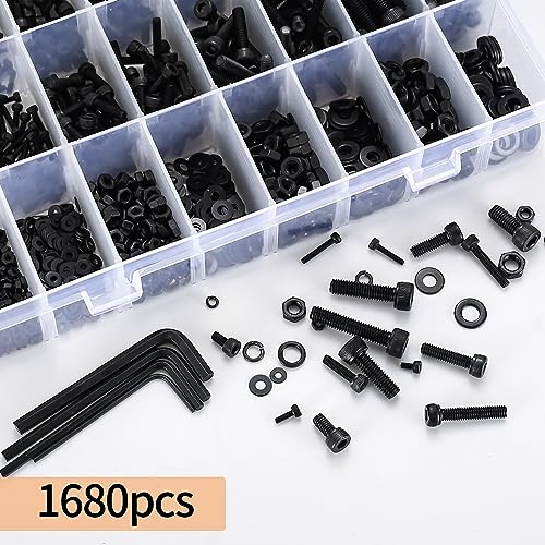 1680 Pcs M2 M3 M4 M5 Metric Hex Head Bolts and Nuts and Washers Set, Hex Socket Head Cap Screws Bolts and Nuts and Washers Assortment Kit, Black Machine Screws Set | Machine Bolt Nut Washer Assortment Kit Hardware Fastener