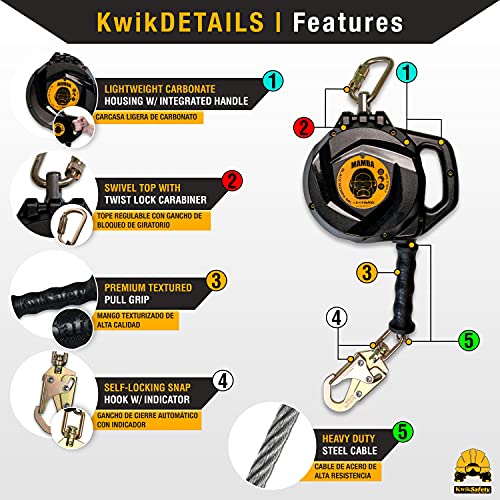 KwikSafety - Charlotte, NC - Mamba 50’ Self Retracting Lifeline [Carbonate + Integrated Handle] Class 1 Cable SRL ANSI OSHA Retractable Fall Arrest Safety Roofing Construction Gear - size: 50FT