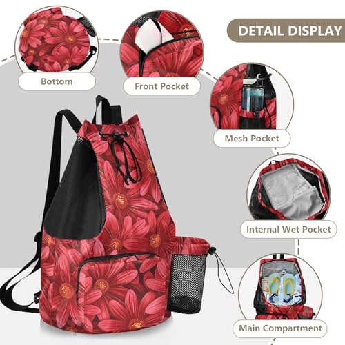 Drawstring Gym Bags Climbing Gym Bag With Inside Pockets Cinch Sacks Wet and Dry Separation Daisy Flower Red