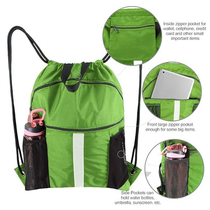 BeeGreen Drawstring Backpack Bag with Shoe Compartment, X-Large Black Gym Sports String Cinch Backpack - color: Lime