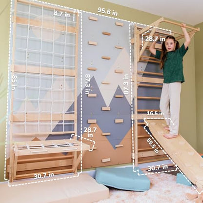 Wood And Hearts 5in1 Modular Swedish Wall Gym Set for Kids Indoor Active Play – Swedish Ladder with Adjustable Pull-Up Bar, Rock Climbing & Indoor Slide (Base Set+2-Sided Ramp with Mat+Sit-Up Bar) - style: Base Set + 2-Sided Ramp with Mat + Sit-Up Bar