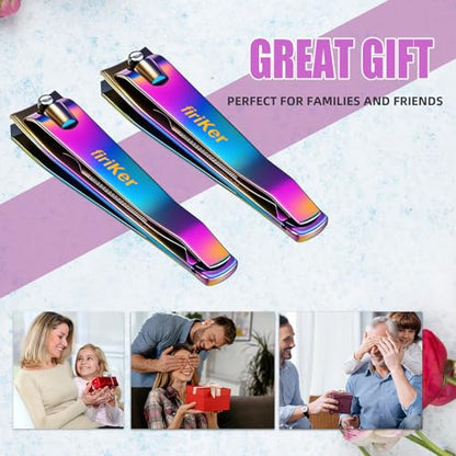 firiKer 2PCS Stainless Steel Nail Clippers,Rainbow Fingernail Clipper and Toenail Clipper, Wide Easy Press Lever Nail Cutter with Swing Out Nail Cleaner/File for Men and Women - color: Rainbow