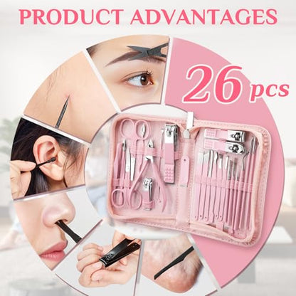 MINKINH 26-Piece Manicure Set for Women, Pink At-Home Nail Care Kit | Carbon Steel Nail Clippers, 410 Stainless Steel Tools, PU Organizer Case for Pedicure, Cuticle, Facial and Daily Self-Care - color: Pink