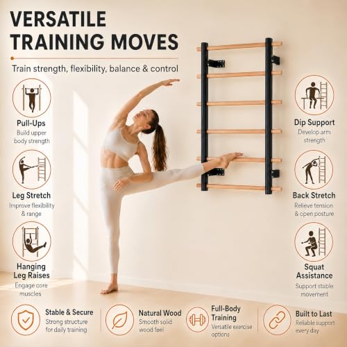 Swedish Ladder Wall Gym For Adults, Wall Mounted Stall Bars And Wall Bars With Yellow Suspension Trainer Straps, Compact Wooden Stretching Ladder For Home Fitness, Pull-Up, Mobility And Calisthenics