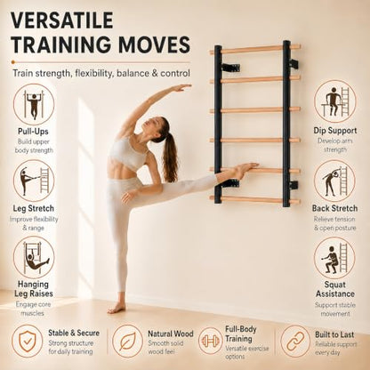 Swedish Ladder Wall Gym For Adults, Wall Mounted Stall Bars And Wall Bars With Yellow Suspension Trainer Straps, Compact Wooden Stretching Ladder For Home Fitness, Pull-Up, Mobility And Calisthenics