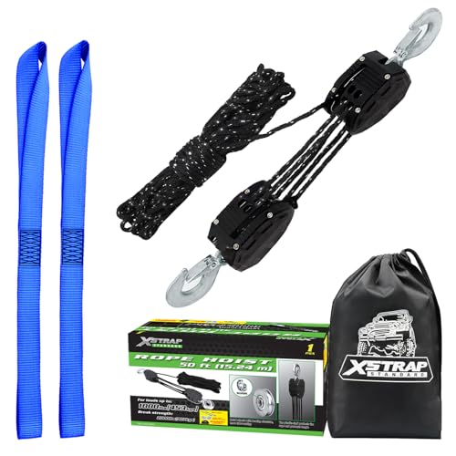 XSTRAP STANDARD 50FT Reflective Rope Hoist 1 Ton 5:1 Block & Tackle w/Loops | 2000Lbs Break Strength, 1 ton wheel block & tackle pulley, includes 2PK 18" soft loops, reflective heavy-duty hoist - color: 50ft Reflective Upgraded