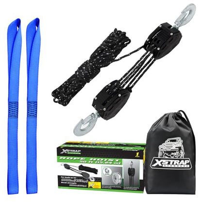 XSTRAP STANDARD 50FT Reflective Rope Hoist 1 Ton 5:1 Block & Tackle w/Loops | 2000Lbs Break Strength, 1 ton wheel block & tackle pulley, includes 2PK 18" soft loops, reflective heavy-duty hoist - color: 50ft Reflective Upgraded