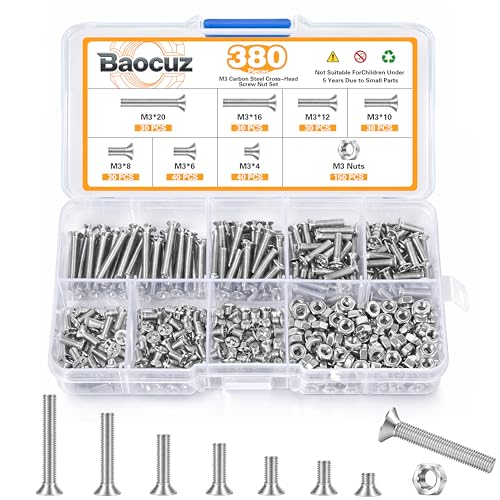 380 Pcs M3 Silver Flat Head Machine Screws and Hex Nuts Kit Carbon Steel Countersunk Head Phillips Screws Bolts Assortment,M3 x 4mm/ 6mm/ 8mm/ 10mm/ 12mm/ 16mm/ 20mm - color: Silver, size: M3