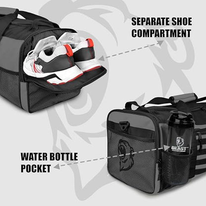 Beast Power Gear Gym Duffle Bag, Gray/Black | Workout, Boxing, MMA, Sports Bag, Shoes Compartment, Adjustable Shoulder Strap, For Men and Women - color: Gray/Black