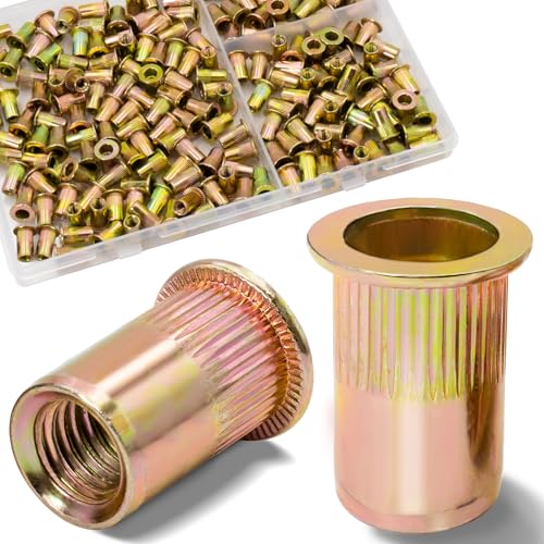 190Pcs M4 Rivet Nuts, Metric Zinc Plated Finish Carbon Steel Flat Head Threaded Insert Nutsert Kit - color: Yellow, size: Metric M4 - 190 Pcs