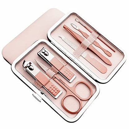 QURIPE 7pcs Manicure Set, Nail Clippers Kit, Stainless Steel Manicure Kit, Nail Clipping Tools Portable Travel Grooming Kit, The Best Gift with Luxurious Case(Rose Gold) - color: Rose Gold