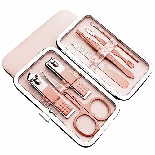 QURIPE 7pcs Manicure Set, Nail Clippers Kit, Stainless Steel Manicure Kit, Nail Clipping Tools Portable Travel Grooming Kit, The Best Gift with Luxurious Case(Rose Gold) - color: Rose Gold