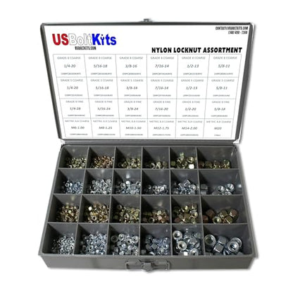 1200pcs Nylon Locknut Assortment USS, SAE, and Metric | Coarse and Fine Thread Grade 8, 5, and 8.8 (See Description for Quantities)