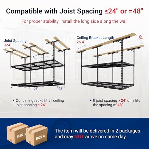 FLEXIMOUNTS 4x8 2-Tier Garage Ceiling Storage Rack, Black | 1000 lbs Capacity, Adjustable Height Overhead System, Heavy Duty Metal Shelving, Ideal for 9-15 ft High Ceilings