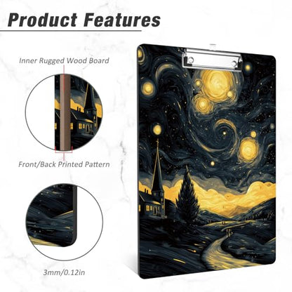 Rimilak Wood Clipboard, 8.5x11 Hardboard Clip Board, Black Night Sky | Fun Design, Cute Custom Pattern, 9 x 12.5 in Letter Size for Classroom, Teachers, Kid, Woman, School & Office Supply - color: Black Night Sky