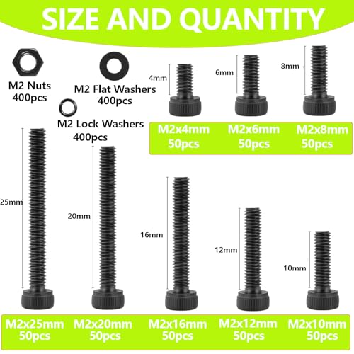 1600Pcs M2 Screws,M2*4/6/8/10/12/16/20/25mm Screw kit,Hex Socket Head Cap Bolts,12.9 Grade Black Zinc Plated for 3D Printer - size: M2x4/6/8/10/12/16/20/25mm(1600pcs)