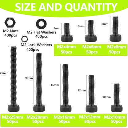 1600Pcs M2 Screws,M2*4/6/8/10/12/16/20/25mm Screw kit,Hex Socket Head Cap Bolts,12.9 Grade Black Zinc Plated for 3D Printer - size: M2x4/6/8/10/12/16/20/25mm(1600pcs)