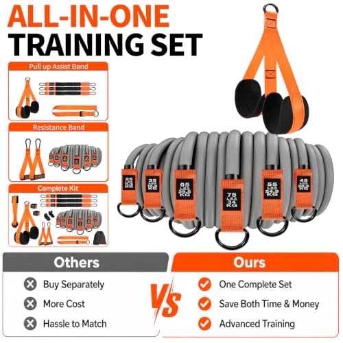 2 in 1 18PCS Heavy Resistance Bands & Assisted Pull Up Bands Combo – 300LBS/225LBS with Non-Slip Handles, Ankle Straps, Door Anchor, Adjustable Bands & Foot Pedals for Strength Training
