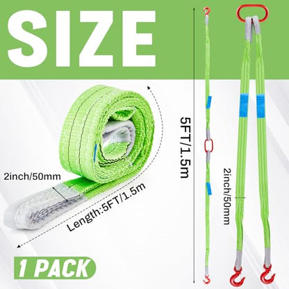 2 Pcs 5 FT Heavy Duty Polyester Lifting Rigging Straps Two Leg Bridle Web Sling with Hook & Twist Eye Lift Strap for Hoist Engine Crane Truck Tow Tree Stump 6613 Lbs Load Capacity, Green
