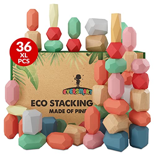 36 Pcs Wooden Stacking Blocks – Montessori Toys for 1 2 3 4 5 6 Year Old Toddlers and Kids, XL Rocks, No Choking Hazard – Sensory STEM Building Stones, for Girls and Boys - size: 36 XL Rocks