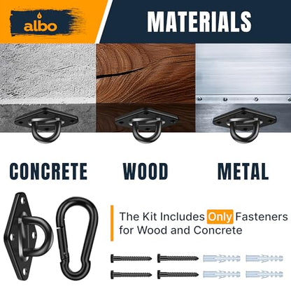 Albo Diamond Plate 2650lbs Swing Hangers 2 PCS - Heavy Duty Ceiling Mount Hooks with Snap Carabiners, 304 Stainless Steel for Wood & Concrete & Metal, Indoor Outdoor Anchor for Hammock, Yoga, TRX - size: Diamond 2pcs Black
