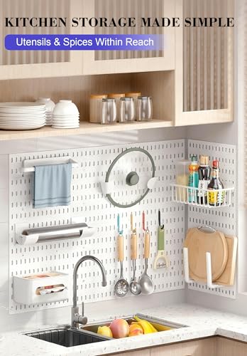 Pegboard Wall Organizer Set – 4 Peg Boards with Hooks & Shelves – Office, Kitchen, Gaming Room Desk Pegboard Storage – Peg Board Wall Display Rack (White) - color: White