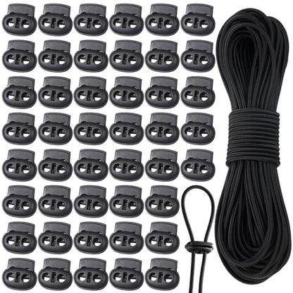 Patelai 50 Pieces Cord Locks Spring Toggles Stoppers Plastic Single Hole End Stopper Slider and 1/8 Inch 66 Feet Elastic Bungee Cord for Drawstring Shoelaces Clothing Bags(Black, Simple Style) - size: Black, style: Simple Style