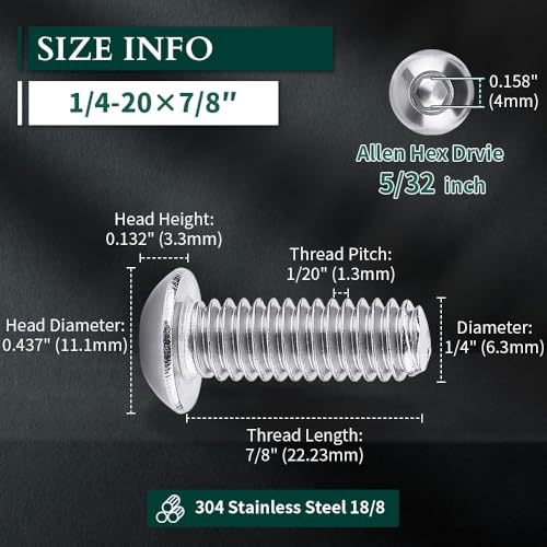 1/4-20 x 7/8" Button Head Socket Cap Bolts Screws, 304 Stainless Steel 18-8, Allen Hex Drive, Bright Finish, Fully Machine Thread, Pack of 25 - size: 1/4-20 x 7/8