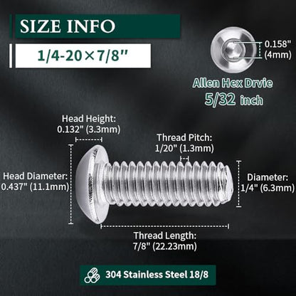 1/4-20 x 7/8" Button Head Socket Cap Bolts Screws, 304 Stainless Steel 18-8, Allen Hex Drive, Bright Finish, Fully Machine Thread, Pack of 25 - size: 1/4-20 x 7/8