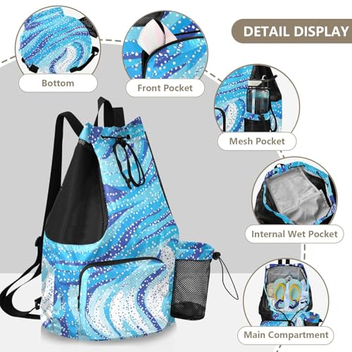 Drawstring Climbing Gym Bag With Water Bottle Holder Drawstring Gym Bags with Wet Dry Compartments Abstract Blue Water Wave Dots