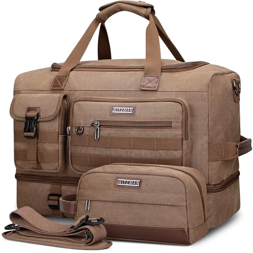 WITZMAN Duffle Bag for Men 50L Travel Canvas Weekender with Toiletry Bag | With Shoe Compartment and Dry-wet Pocket, Convertible, Carry On, One Duffel for Gym, Sports, Overnight, A8010/2 Brown - color: Brown