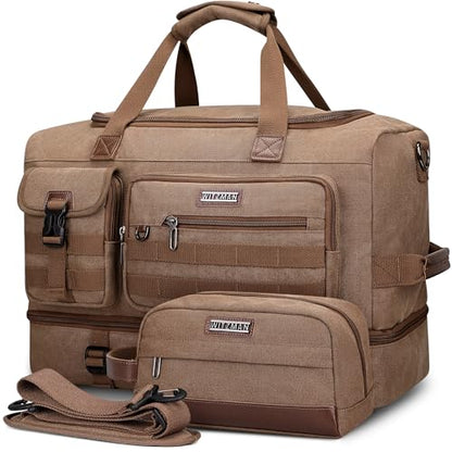 WITZMAN Duffle Bag for Men 50L Travel Canvas Weekender with Toiletry Bag | With Shoe Compartment and Dry-wet Pocket, Convertible, Carry On, One Duffel for Gym, Sports, Overnight, A8010/2 Brown - color: Brown