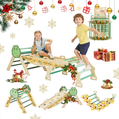 7-in-1 Collapsible Climbing Triangle Climbing Set for Toddlers, Wooden Indoor Jungle Gym Playground with Arch, Ramp & Ladder, Space-Saving, Toddler Climbing Toys– Green - color: Green