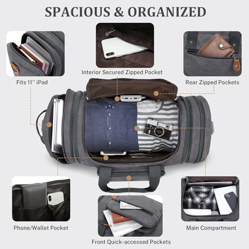 Gonex Canvas Duffle Bag 60L Travel Duffel Overnight Weekend Bag with Shoe Compartment (Gray) - color: Grey, size: X-Large-60L (With Shoe Compartment)
