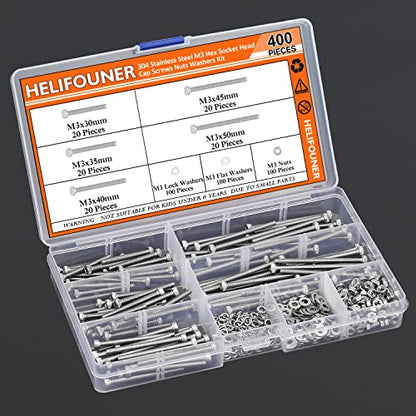 HELIFOUNER 400 Pieces M3 x 30mm /35mm /40mm /45mm /50mm, Hex Socket Head Cap Metric Screws Bolts Washers Nuts Kit, 304 Stainless Steel - size: M3 x 30/35/40/45/50mm