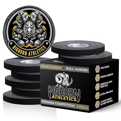 Bighorn Athletics BJJ Competition Finger Tape, 0.3" x 45ft, 8 Rolls, Black | Rayon finger tape – 50% stronger than cotton. Residue-free, sweat-proof adhesive for Jiu Jitsu competition & hard training. - color: Black, size: 0.3-Inch