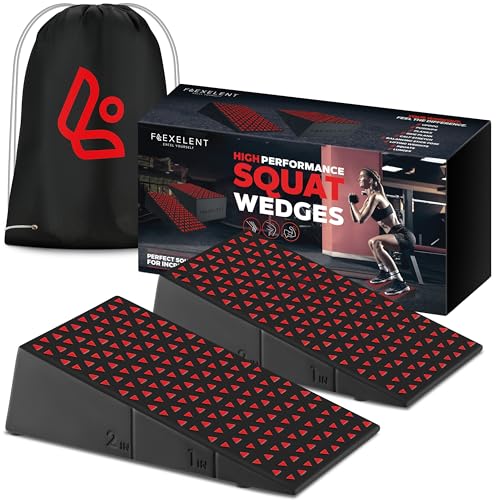 Flexelent Heel Elevated Squat Wedge Block Pair, 17° Angle, Bag Included | Pair of oversized squat wedges with textured surfaces for deeper squats, heavy lifting and better form - color: Blaze Red