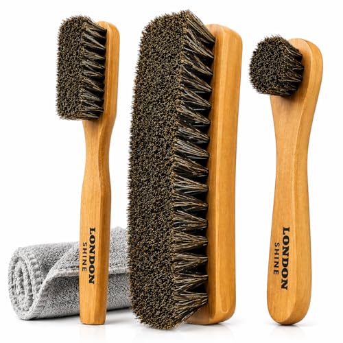 London Shine Shoe Shine Brush Kit, 4 Piece Horsehair Shoe Polish Brush Set for Leather Shoes & Boots, Shoe Care Cleaning Kit with Dauber Applicator Brushes, Suede Cleaner Brush and Microfiber Cloth.