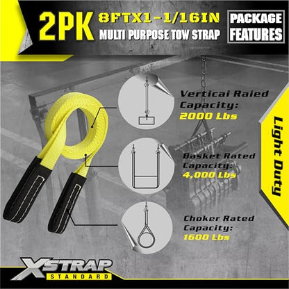 XSTRAP STANDARD 2PK 1''x 8FT Lift Sling Web Strap/Wear Guard End, Heavy Duty Flat Eye Lifting Sling with 2 Reinforced Loops for Tree Saver Lifting Furniture Appliances Machine | 4,000 lbs Break Strength Lifting Straps with 2 Reinforced Loops for Tree Save
