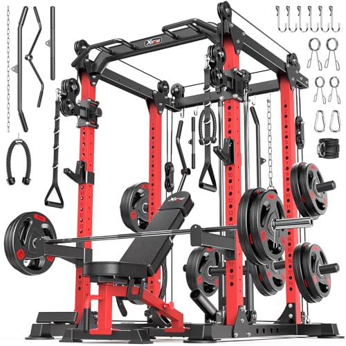 Power Rack Power Cage Multi-Function Squat Rack with Cable Crossover System Selectable More Training Attachment Power Rack for Garage & Home Gym - color: Red, size: C Set L02+Weight Bench+（pole+Cast Iron）182LBS