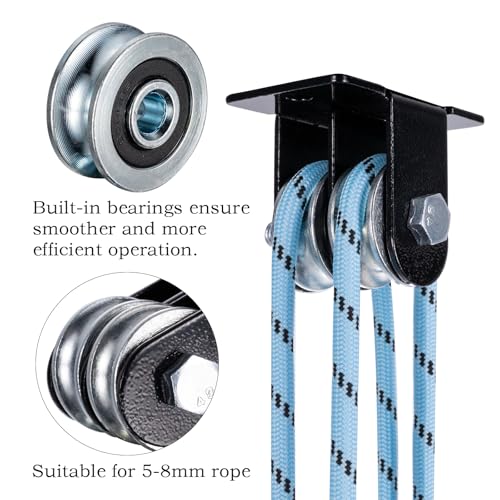 Wall & Ceiling Mount Double Pulleys System with 65Ft Nylon Rope | 1 Pcs Single Pulley & 2 Pcs Double Pulleys,suitable for lifting, DIY loft and many other uses