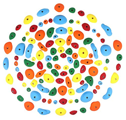 Atomik Rock Climbing Holds Set of 115 Bolt-On Steep Wall Style Slopers, Jugs, Pinches, and Crimps in Assorted Bright Tones