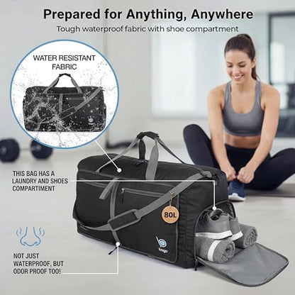 Bago 80L Travel Duffle Bag - Foldable Weekender Bag For Women & Men - Lightweight tier-resistant waterproof Shoe Pocket (Black) - color: Black, size: 80L