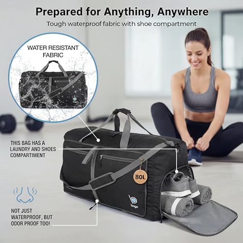 Bago 80L Travel Duffle Bag - Foldable Weekender Bag For Women & Men - Lightweight tier-resistant waterproof Shoe Pocket (Black) - color: Black, size: 80L