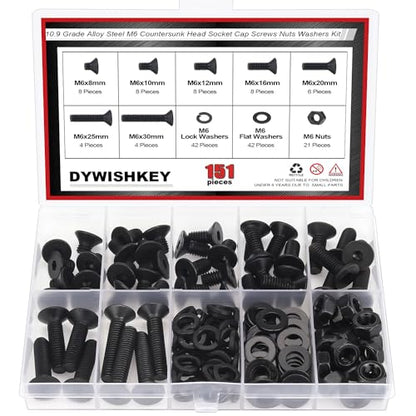 DYWISHKEY 151 Pieces M6 Black Screws, 10.9 Grade Alloy Steel M6x 8/10 /12/16 /20/25 /30mm Countersunk Head Socket Cap Screws Bolts Nuts Washers Assortment Kit - size: M6, style: Countersunk Head Socket Cap