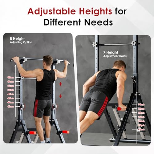 DlandHome Foldable Pull Up Bar Dip Station With Stair Stepper, Adjustable Multifunction Workout Power Tower Pull-up Bars for Home Gym, Strength Training Equipment, Triangular Legs, Up to 330lbs